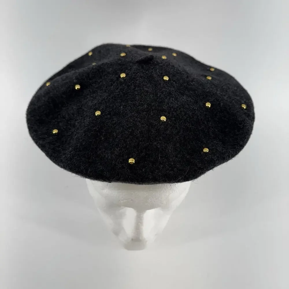 Vintage Beret Grey Wool PRT Ultrabasque Made in Czechoslovakia Gold Studded - Picture 3 of 8
